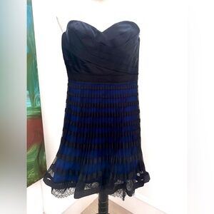 BCBGMaxAzria Strapless Black and Blue Pleated Lace-Hem Dress